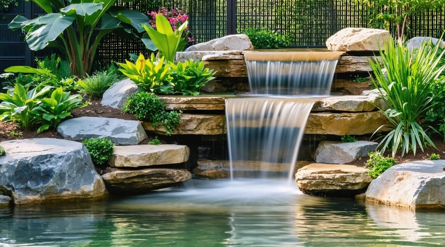 A tranquil backyard waterfall pond with water cascading over rocks surrounded by lush native plants, solar lights, and eco-friendly features emphasizing sustainable design.