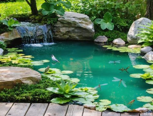 Tranquil backyard wildlife pond featuring native aquatic plants, local stone edges, sustainable materials, and vibrant wildlife.