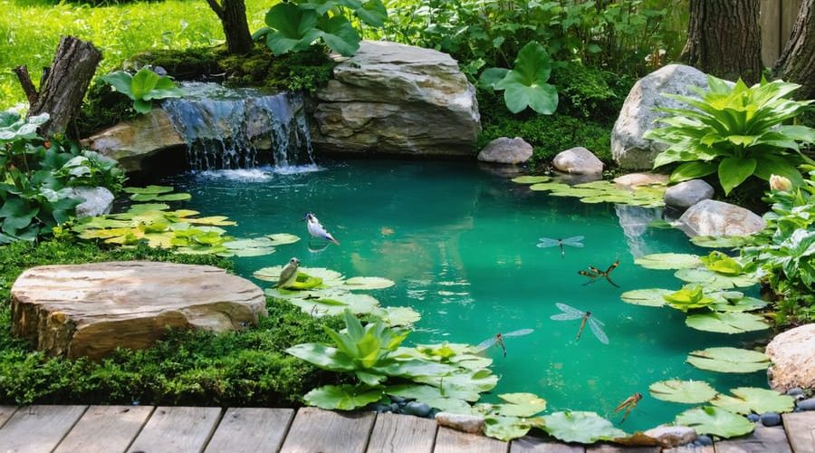 Tranquil backyard wildlife pond featuring native aquatic plants, local stone edges, sustainable materials, and vibrant wildlife.