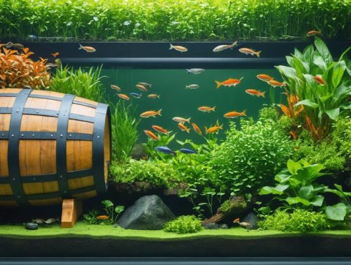 Conceptual illustration of an aquaponics system with thriving plants and fish, highlighting the wooden barrel metaphor of Liebig's Law of the Minimum with staves labeled with different nutrients to depict nutrient balance.