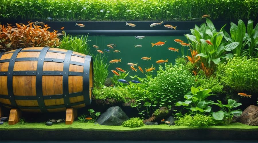 Conceptual illustration of an aquaponics system with thriving plants and fish, highlighting the wooden barrel metaphor of Liebig's Law of the Minimum with staves labeled with different nutrients to depict nutrient balance.