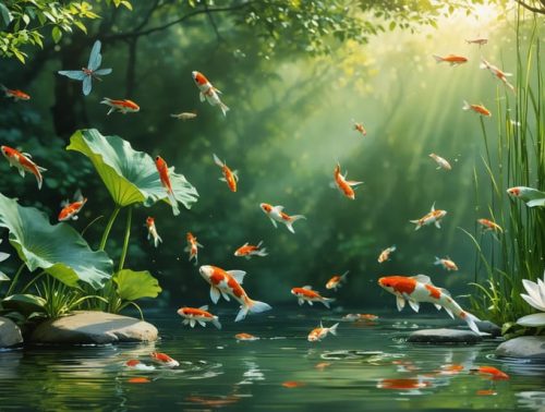 Illustrative representation of a thriving backyard pond ecosystem with koi fish, water lilies, dragonflies, and submerged plants, all under a sunny garden setting.