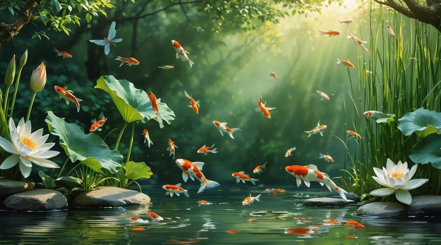 Illustrative representation of a thriving backyard pond ecosystem with koi fish, water lilies, dragonflies, and submerged plants, all under a sunny garden setting.