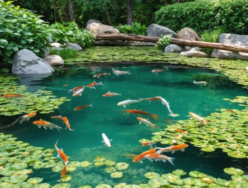 A serene fish pond showcasing multiple depth zones with clear water, lush aquatic plants, submerged logs, and rocky formations, providing a vibrant habitat for thriving fish.