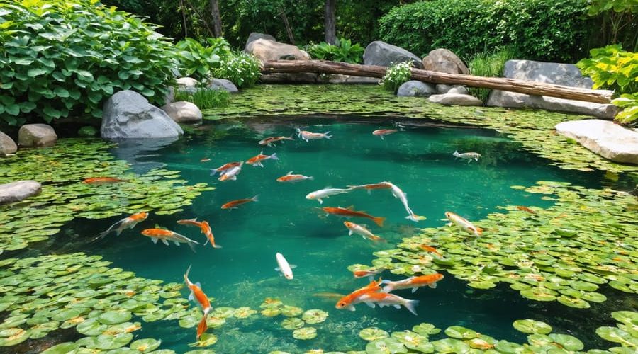 A serene fish pond showcasing multiple depth zones with clear water, lush aquatic plants, submerged logs, and rocky formations, providing a vibrant habitat for thriving fish.