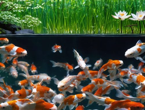 A lively koi pond with orange and white koi swimming under pink and white water lilies, margined by iris and rushes, depicting a balanced ecosystem.