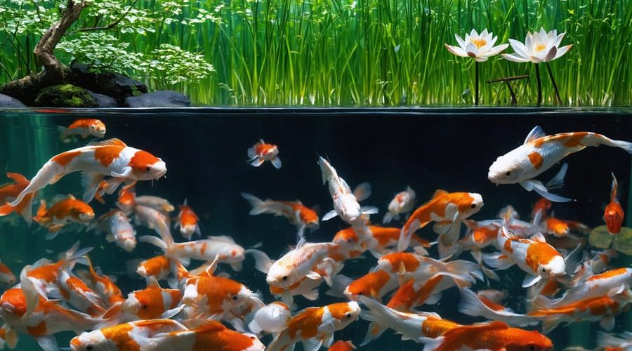 A lively koi pond with orange and white koi swimming under pink and white water lilies, margined by iris and rushes, depicting a balanced ecosystem.