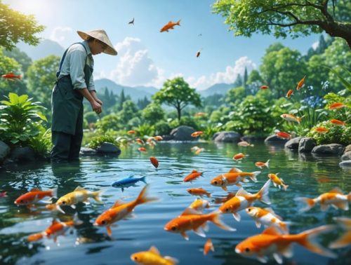 A tranquil pond scene with various colorful fish swimming among aquatic plants, and a person testing water quality to ensure a healthy ecosystem.