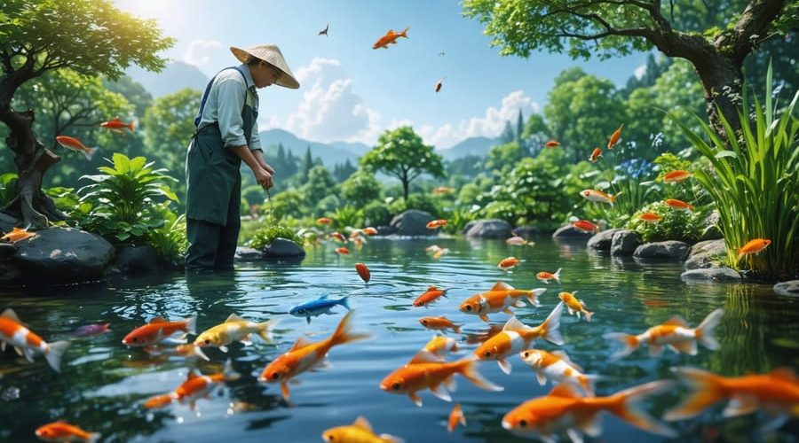 A tranquil pond scene with various colorful fish swimming among aquatic plants, and a person testing water quality to ensure a healthy ecosystem.