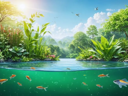 Artwork of a healthy and balanced pond ecosystem featuring diverse aquatic plants, fish, and microorganisms in a vibrant, natural setting.