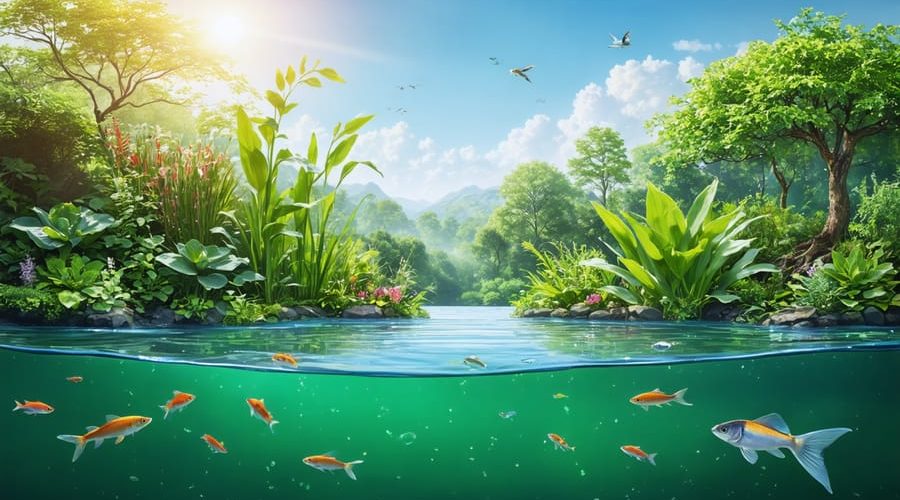 Artwork of a healthy and balanced pond ecosystem featuring diverse aquatic plants, fish, and microorganisms in a vibrant, natural setting.