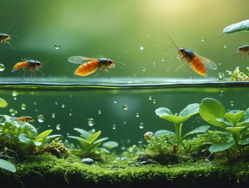 An artistic depiction of a vibrant pond ecosystem showing various tiny pond creatures like water fleas and scuds among aquatic plants and fish, illustrating their harmonious interaction.