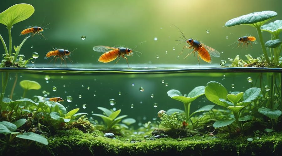 An artistic depiction of a vibrant pond ecosystem showing various tiny pond creatures like water fleas and scuds among aquatic plants and fish, illustrating their harmonious interaction.