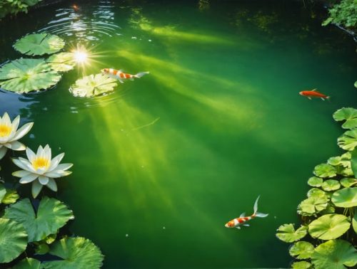 A vibrant overhead view of a pond ecosystem with sunlight penetrating the water, showing aquatic plants at various depths, fish, and water lilies, illustrating the balance of light, nutrients, and temperature in a healthy pond environment.