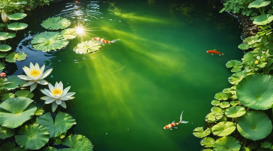 A vibrant overhead view of a pond ecosystem with sunlight penetrating the water, showing aquatic plants at various depths, fish, and water lilies, illustrating the balance of light, nutrients, and temperature in a healthy pond environment.