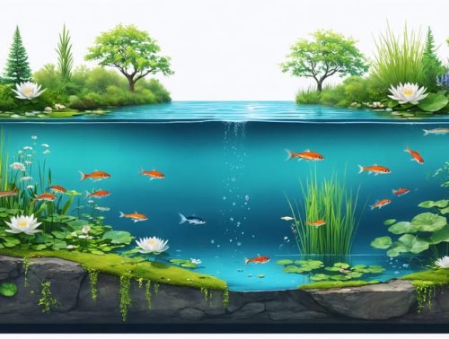 Illustrated cross-section of a pond showcasing vibrant water lilies in deep water, marginal rushes along the edge, and submerged oxygenating plants, with fish swimming amidst the flora.