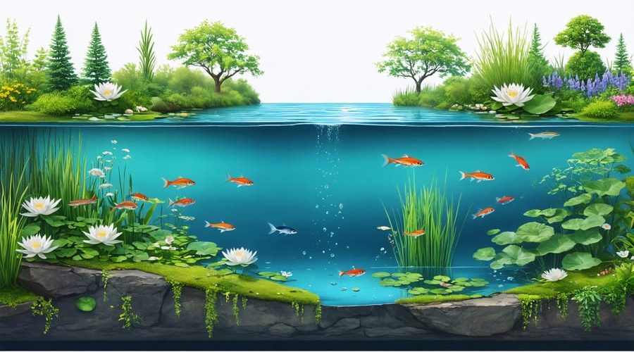 Illustrated cross-section of a pond showcasing vibrant water lilies in deep water, marginal rushes along the edge, and submerged oxygenating plants, with fish swimming amidst the flora.