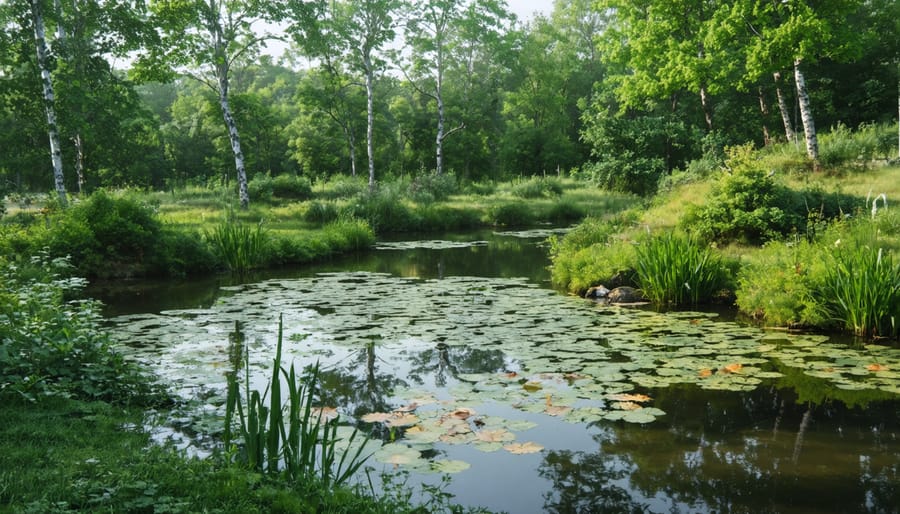 Healthy pond featuring water lilies, cattails, and underwater plants with visiting wildlife