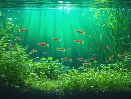 Underwater view of a pond featuring various oxygenating plants like Hornwort and Water Lettuce, with fish moving among the aquatic greenery and sunlight illuminating the scene.