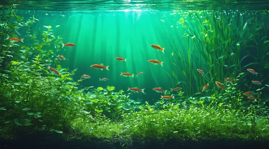 Underwater view of a pond featuring various oxygenating plants like Hornwort and Water Lettuce, with fish moving among the aquatic greenery and sunlight illuminating the scene.