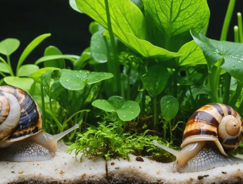 Vibrant backyard pond ecosystem with pond snails grazing on aquatic plants, accompanied by fish swimming above a sandy substrate, highlighted by lush greenery of hornwort and water lettuce.