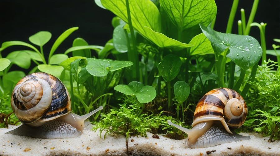 Vibrant backyard pond ecosystem with pond snails grazing on aquatic plants, accompanied by fish swimming above a sandy substrate, highlighted by lush greenery of hornwort and water lettuce.