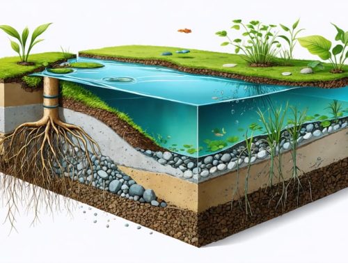 Conceptual illustration of a pond cross-section displaying different substrate layers and plant roots, demonstrating nutrient distribution and water clarity for a thriving water garden.