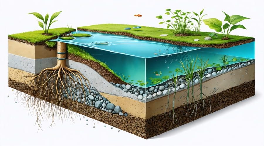 Conceptual illustration of a pond cross-section displaying different substrate layers and plant roots, demonstrating nutrient distribution and water clarity for a thriving water garden.