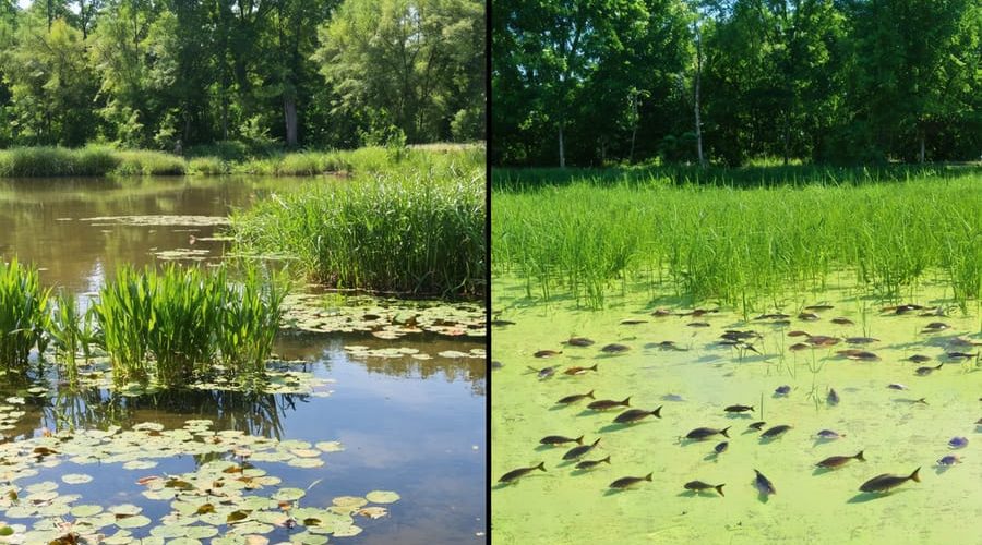 A split view comparing a well-maintained, clear pond ecosystem with balanced vegetation and healthy fish populations to a poorly managed pond overrun by algae and invasive plants.