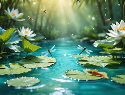 A tranquil water garden flourishing with water lilies, floating plants, dragonflies, and small fish, representing a balanced ecosystem achieved through natural pest control methods.