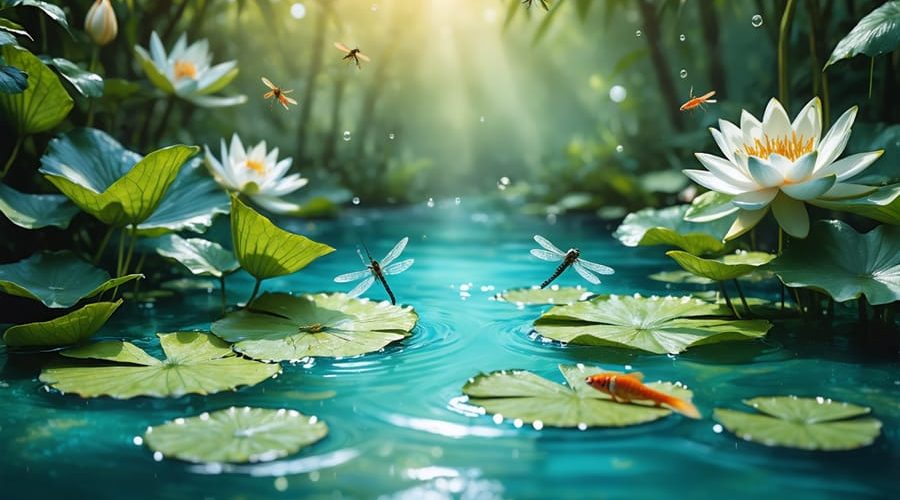 A tranquil water garden flourishing with water lilies, floating plants, dragonflies, and small fish, representing a balanced ecosystem achieved through natural pest control methods.