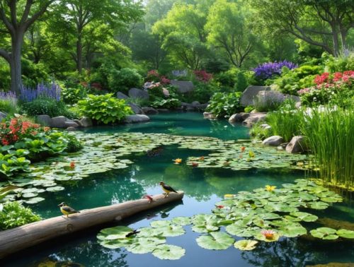 A vibrant garden pond with native plants, gently sloping banks, and diverse wildlife such as birds, frogs, and dragonflies moving between land and water, representing a thriving ecosystem hub.