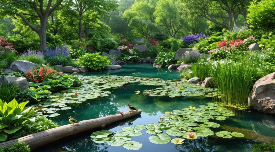 A vibrant garden pond with native plants, gently sloping banks, and diverse wildlife such as birds, frogs, and dragonflies moving between land and water, representing a thriving ecosystem hub.