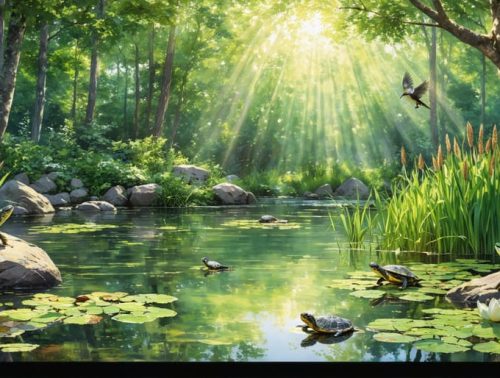 An idyllic wildlife pond showcasing vibrant aquatic plants, turtles basking on rocks, and birds interacting with the water, surrounded by lush greenery under a sunlit sky.