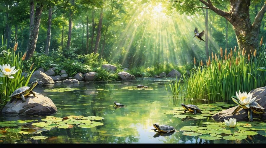 An idyllic wildlife pond showcasing vibrant aquatic plants, turtles basking on rocks, and birds interacting with the water, surrounded by lush greenery under a sunlit sky.