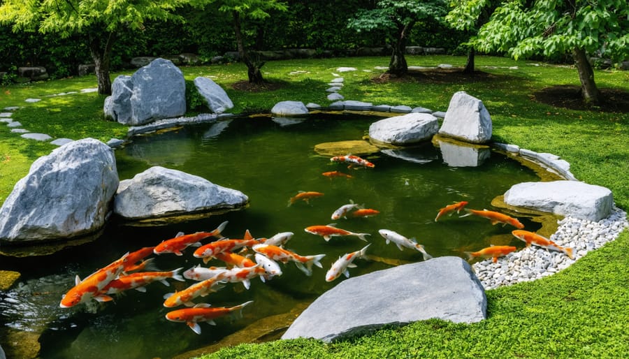 Aerial view of a serene Japanese garden pond featuring natural rock arrangements and swimming koi