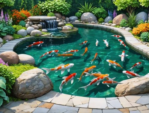 Kidney-shaped koi pond surrounded by greenery and natural rocks, showcasing clear water with koi swimming inside.