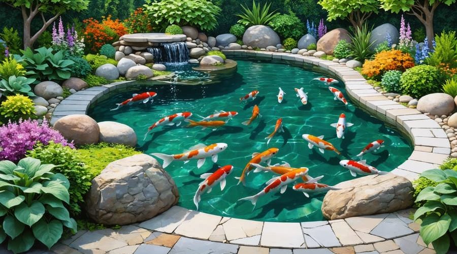 Kidney-shaped koi pond surrounded by greenery and natural rocks, showcasing clear water with koi swimming inside.