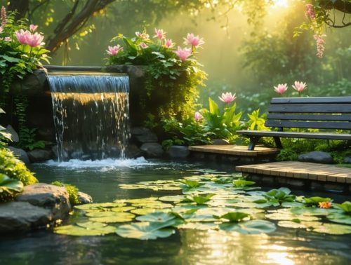 A serene water garden at sunset, featuring a small waterfall, lush greenery, and a meditation bench beside a tranquil pond reflecting warm golden light.