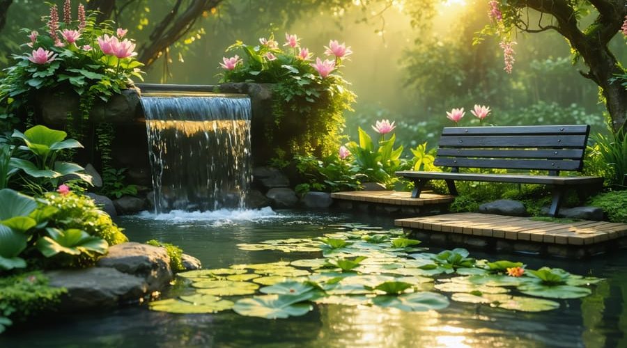 A serene water garden at sunset, featuring a small waterfall, lush greenery, and a meditation bench beside a tranquil pond reflecting warm golden light.