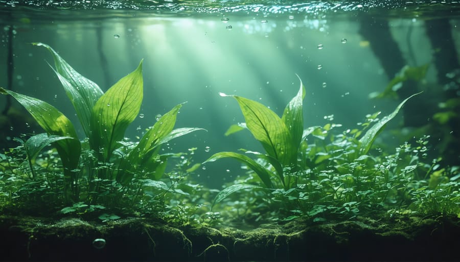 Healthy green hornwort and elodea plants growing underwater in a clear pond