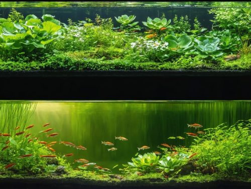 Split-view showing a vibrant pond ecosystem with lush surface greenery and diverse underwater plants at varying depths, surrounded by fish and aquatic life.