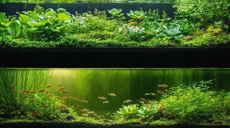 Split-view showing a vibrant pond ecosystem with lush surface greenery and diverse underwater plants at varying depths, surrounded by fish and aquatic life.