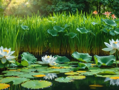 A diverse array of pond plants including water lilies, lotus flowers, and irises surround a calm pond, showcasing a vibrant ecosystem with clear water.