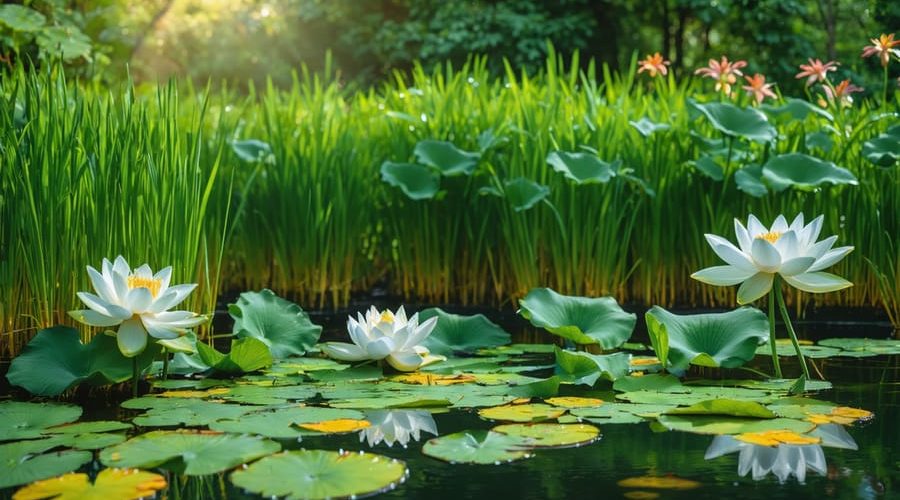 A diverse array of pond plants including water lilies, lotus flowers, and irises surround a calm pond, showcasing a vibrant ecosystem with clear water.