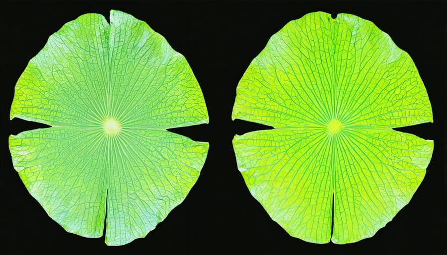 Side-by-side comparison of healthy water lily leaves and leaves damaged by common aquatic pests