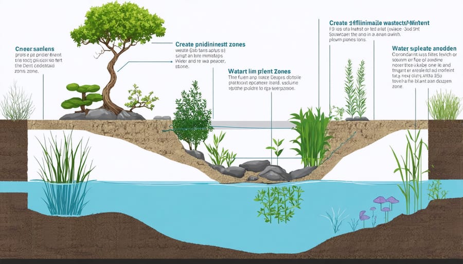 Illustrated diagram of water garden zones showing shallow, deep, and marginal planting areas