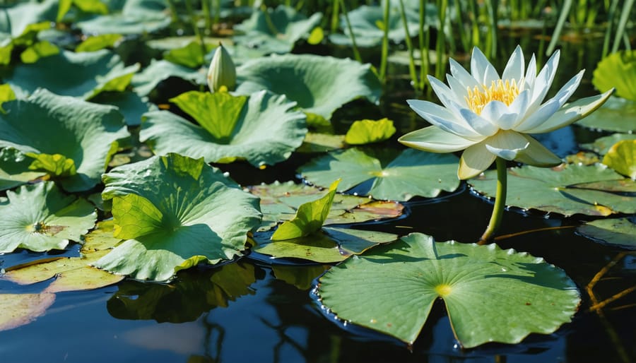 Pink and white water lilies with underwater vegetation in a clear pond