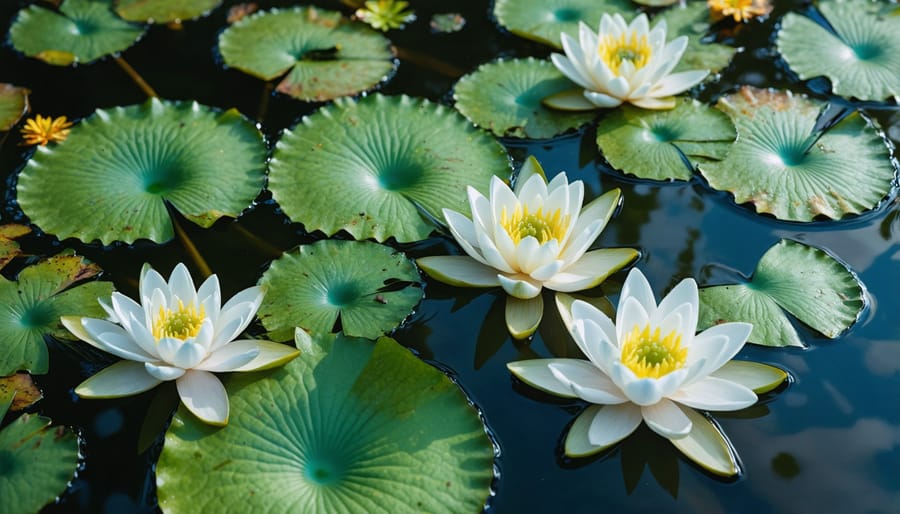 Pink and white water lilies with large green lily pads floating on calm pond water