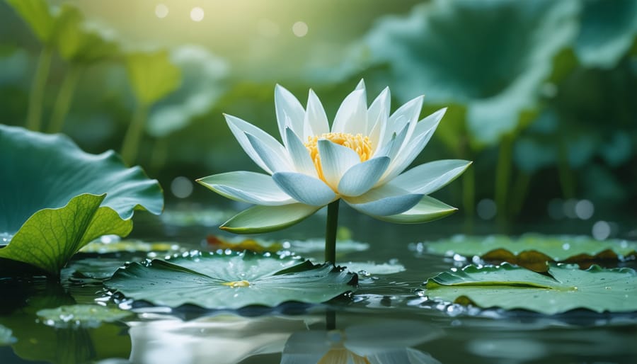 Pink water lily blooming in deep water surrounded by other aquatic plants